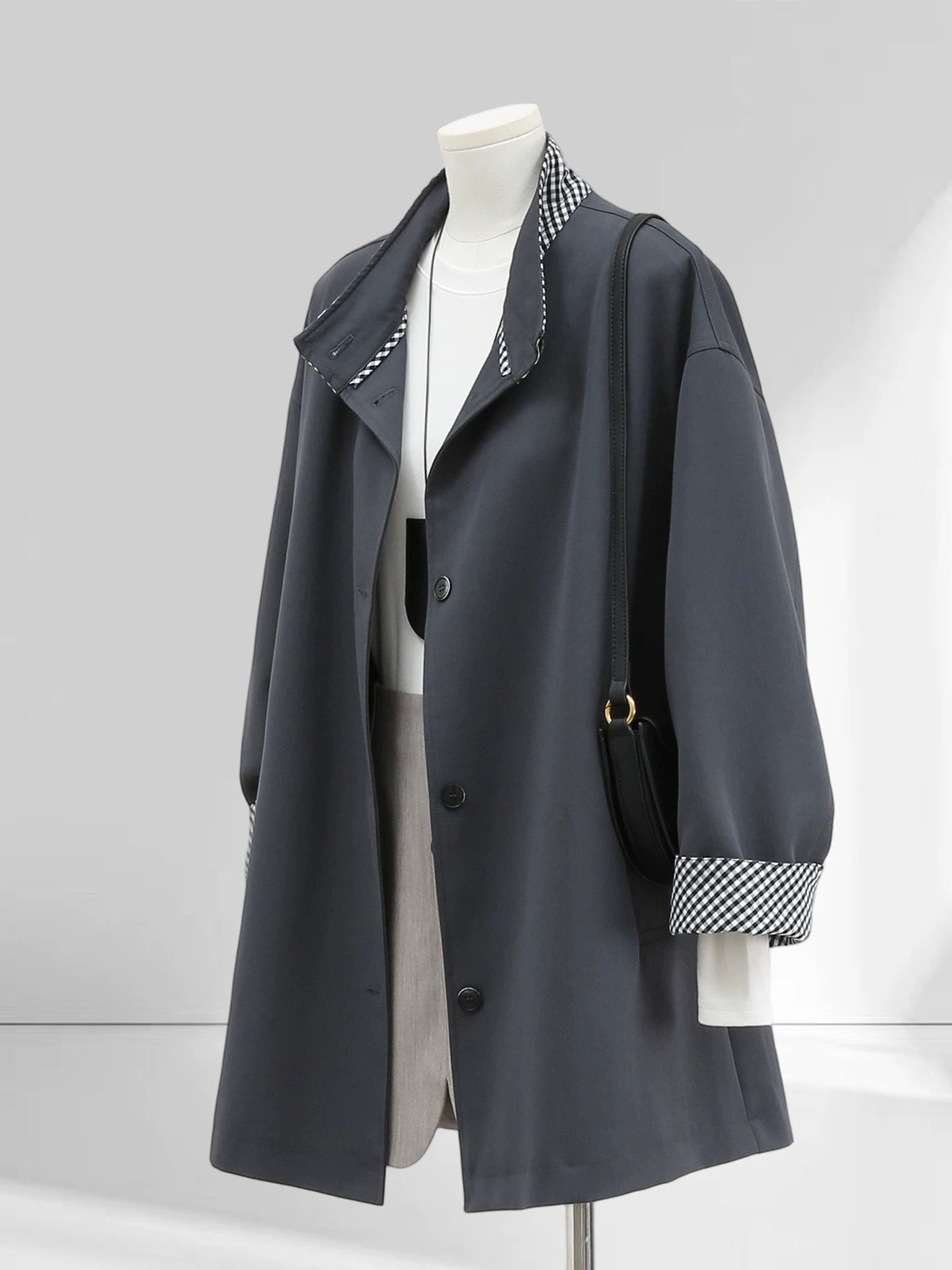 H1757 Grey Plaid Trench Coat