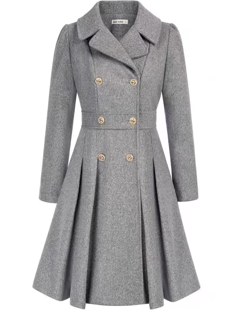 Double-breasted A-line pea coat with a lapel collar, pockets, and lining; crafted in a thick fabric. C1001