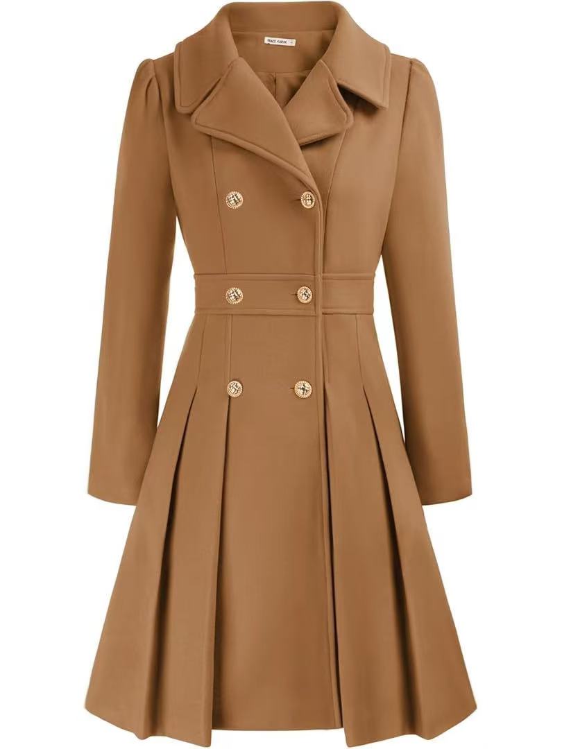 Double-breasted A-line pea coat with a lapel collar, pockets, and lining; crafted in a thick fabric. C1001