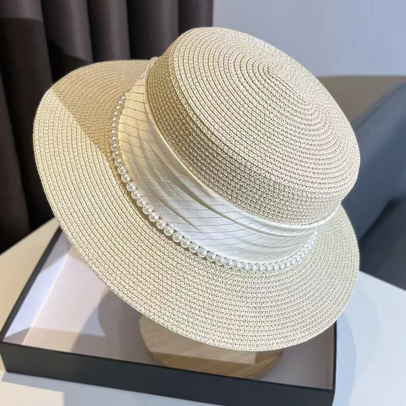 New-Arrival Satin Sun Hat with Pearls – Flat Crown French-Style Hat for Vacation and Travel (HS1001)