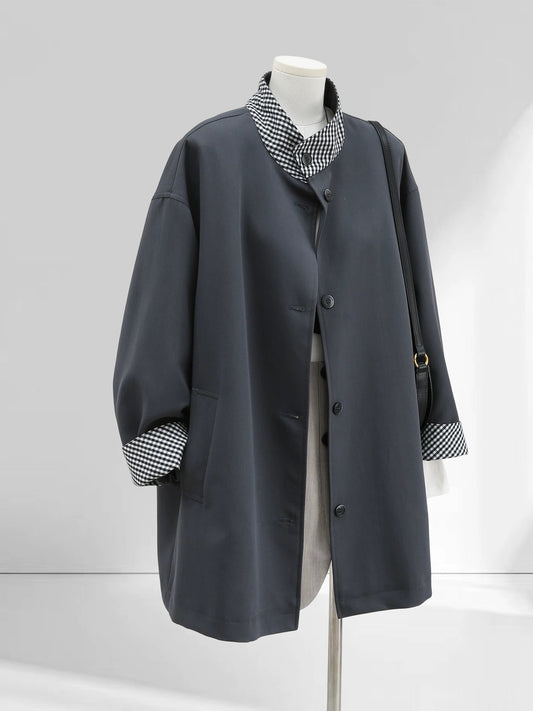 H1757 Grey Plaid Trench Coat