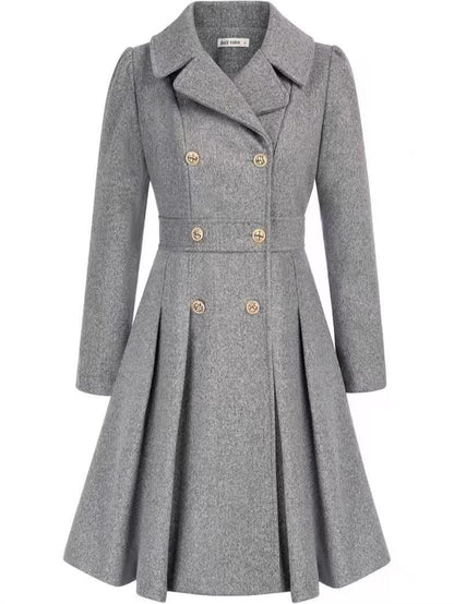 Double-breasted A-line pea coat with a lapel collar, pockets, and lining; crafted in a thick fabric. C1001