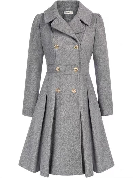Double-breasted A-line pea coat with a lapel collar, pockets, and lining; crafted in a thick fabric. C1001