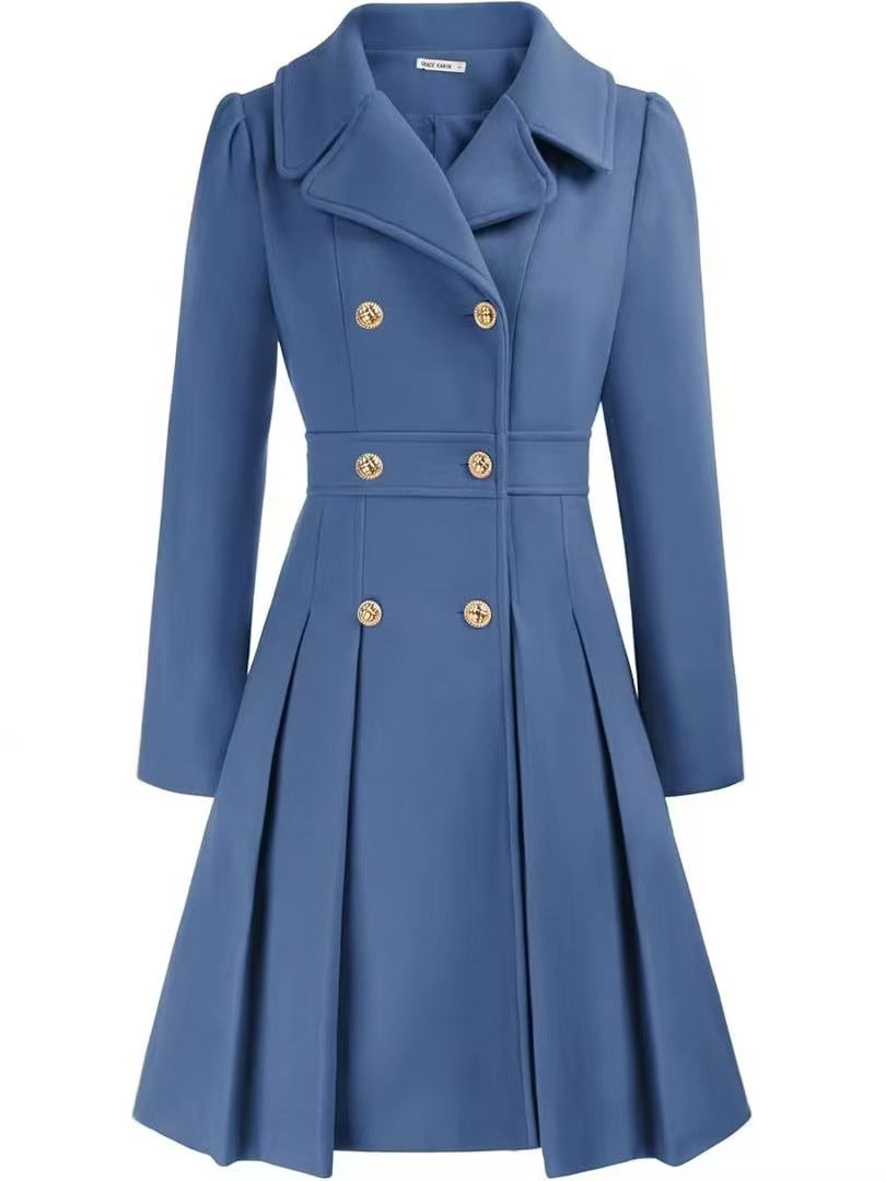 Double-breasted A-line pea coat with a lapel collar, pockets, and lining; crafted in a thick fabric. C1001