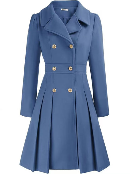 Double-breasted A-line pea coat with a lapel collar, pockets, and lining; crafted in a thick fabric. C1001