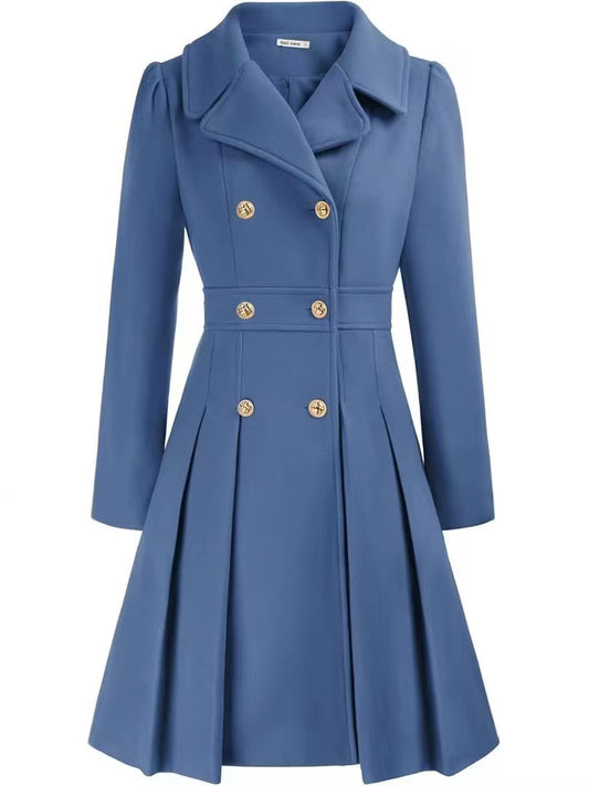 Double-breasted A-line pea coat with a lapel collar, pockets, and lining; crafted in a thick fabric. C1001