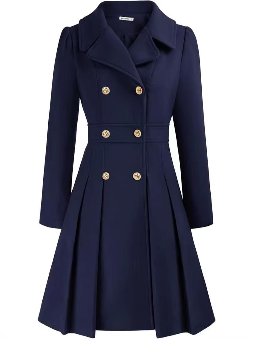 Double-breasted A-line pea coat with a lapel collar, pockets, and lining; crafted in a thick fabric. C1001