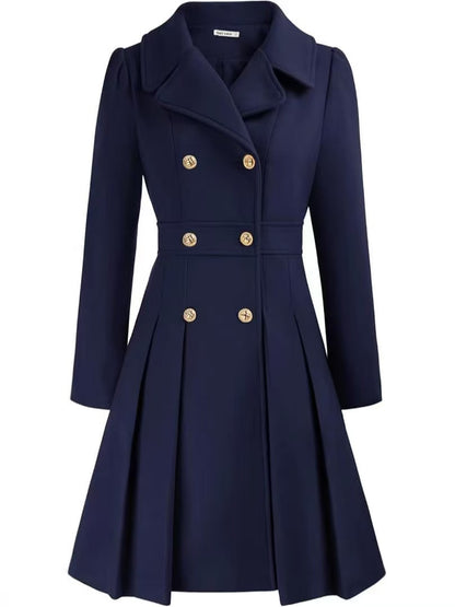 Double-breasted A-line pea coat with a lapel collar, pockets, and lining; crafted in a thick fabric. C1001