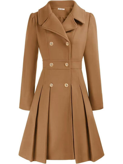 Double-breasted A-line pea coat with a lapel collar, pockets, and lining; crafted in a thick fabric. C1001