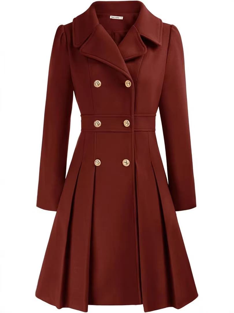 Double-breasted A-line pea coat with a lapel collar, pockets, and lining; crafted in a thick fabric. C1001