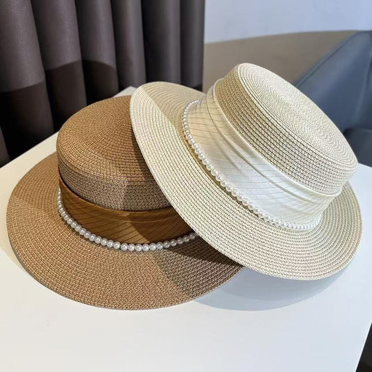 New-Arrival Satin Sun Hat with Pearls – Flat Crown French-Style Hat for Vacation and Travel (HS1001)