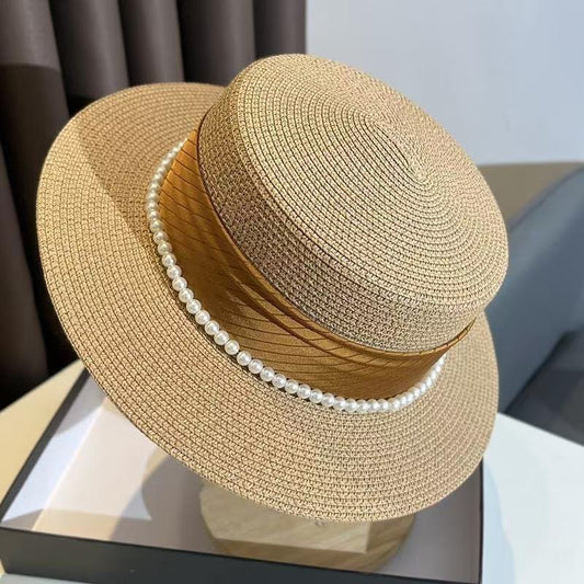 New-Arrival Satin Sun Hat with Pearls – Flat Crown French-Style Hat for Vacation and Travel (HS1001)