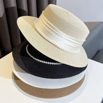 New-Arrival Satin Sun Hat with Pearls – Flat Crown French-Style Hat for Vacation and Travel (HS1001)