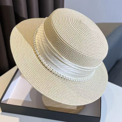 New-Arrival Satin Sun Hat with Pearls – Flat Crown French-Style Hat for Vacation and Travel (HS1001)