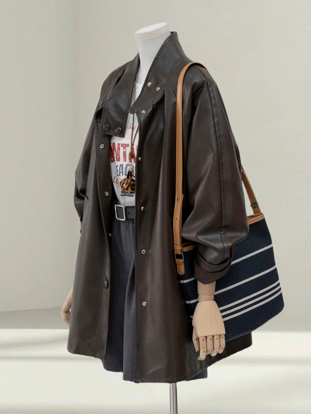 H1389 Mid-length Leather Coat