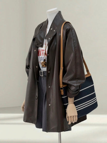 H1389 Mid-length Leather Coat