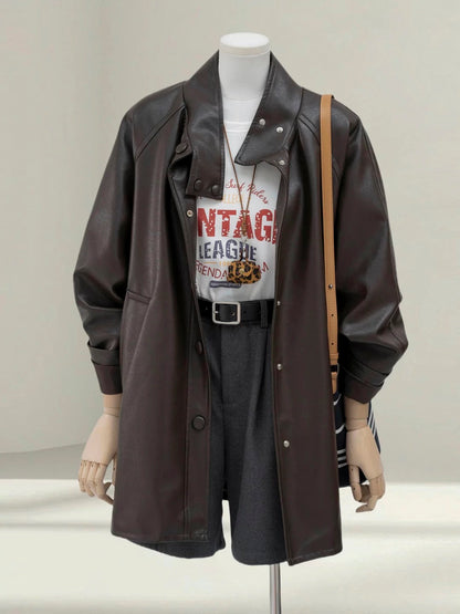 H1389 Mid-length Leather Coat