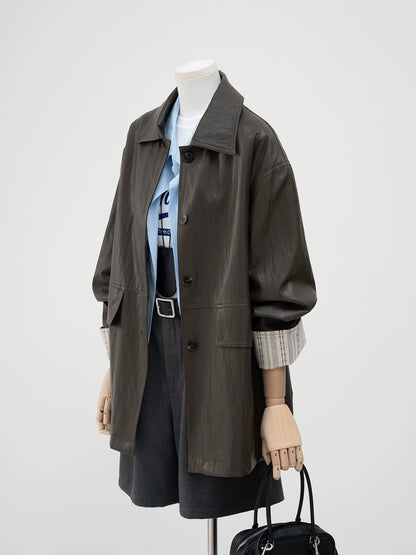 H1395 Long Women's Leather Coat