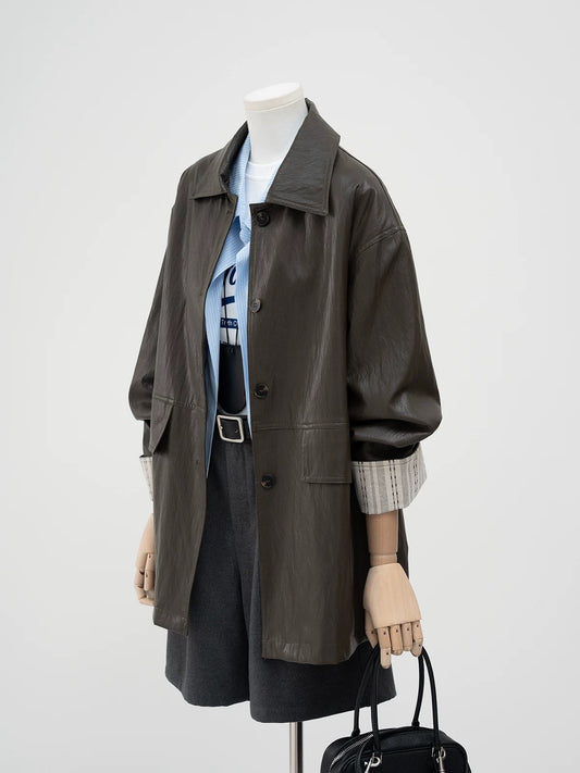 H1395 Long Women's Leather Coat